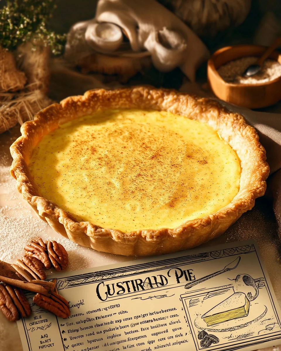 Delicious homemade custard pie topped with golden brown crust