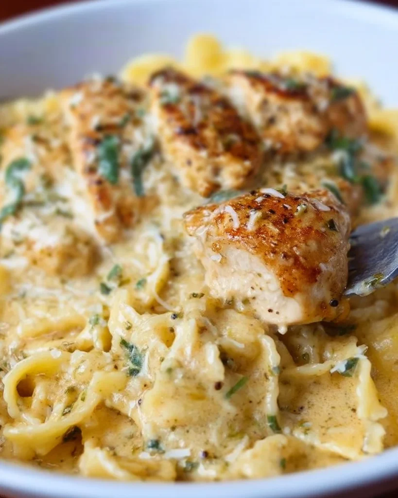 Dairy free chicken alfredo served on a plate with garnish.