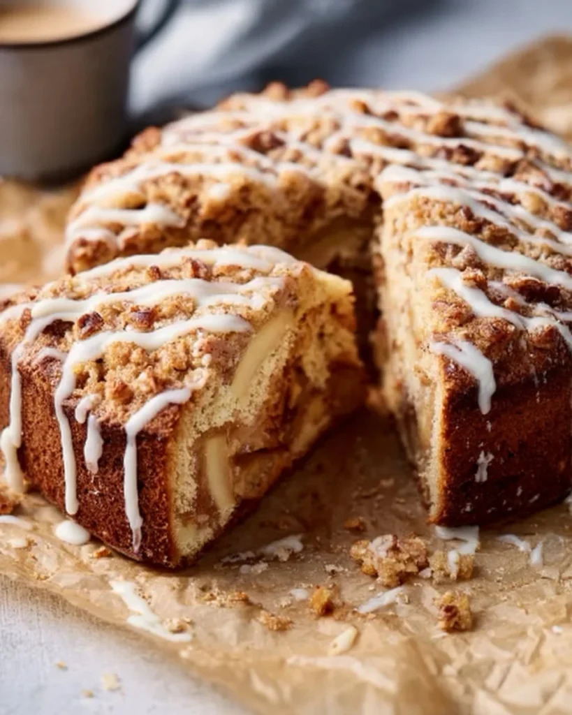 Slice of delicious apple crumb cake topped with a buttery crumble