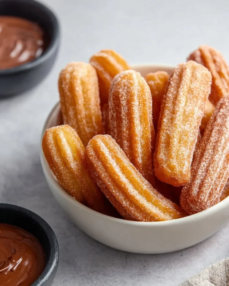 Delicious baked churro bites served in a bowl, sprinkled with cinnamon sugar.