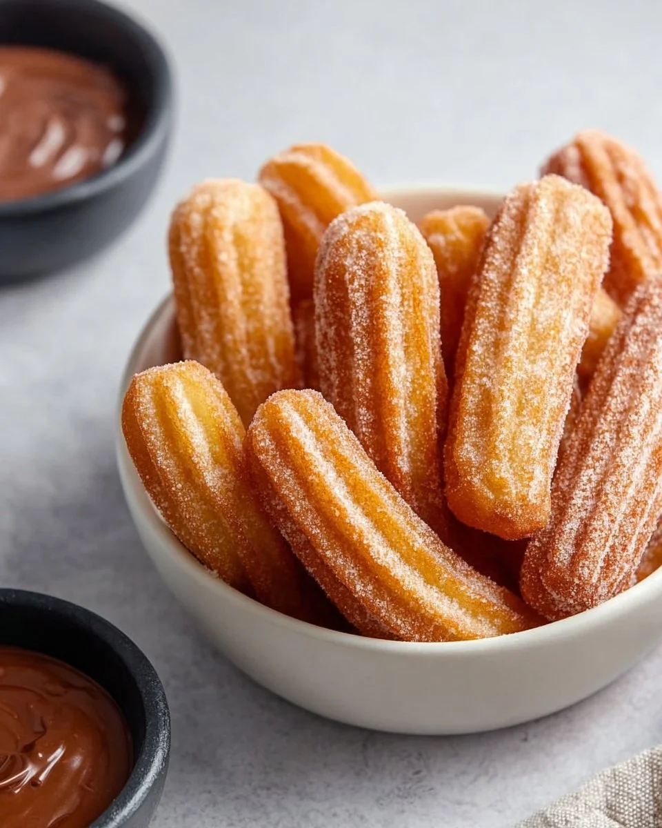 Delicious baked churro bites served in a bowl, sprinkled with cinnamon sugar.