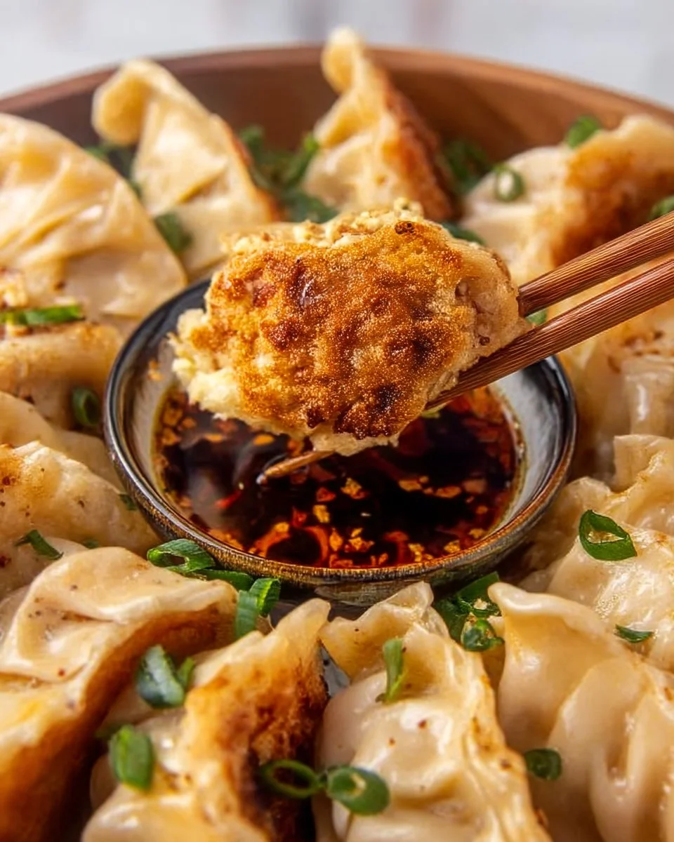Delicious homemade chicken potstickers with dipping sauce