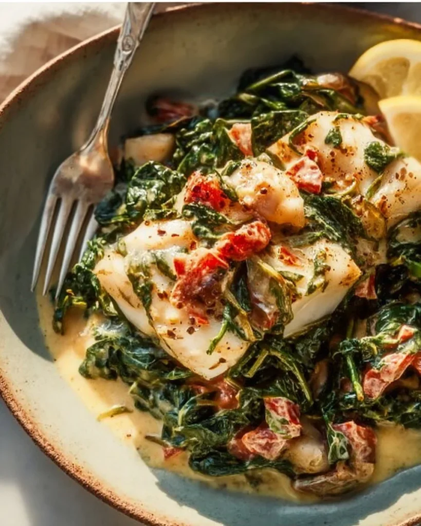 Delicious Fish Florentine with creamy spinach sauce on a plate