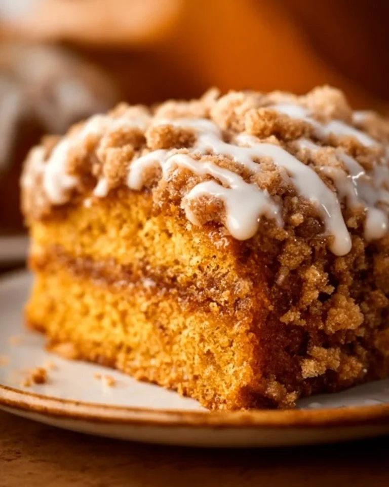 Homemade pumpkin coffee cake topped with frosting and pumpkin seeds on a plate.