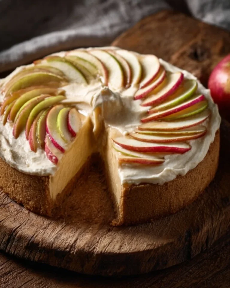 Delicious apple cider cheesecake topped with spiced apple slices