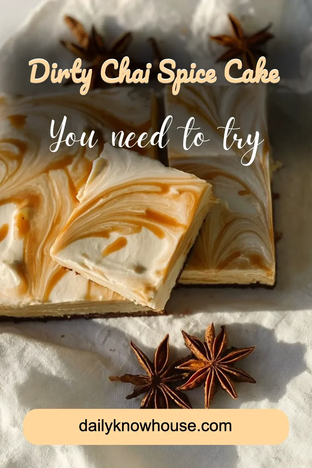 Slice of Dirty Chai Spice Cake topped with chai spice and frosting.