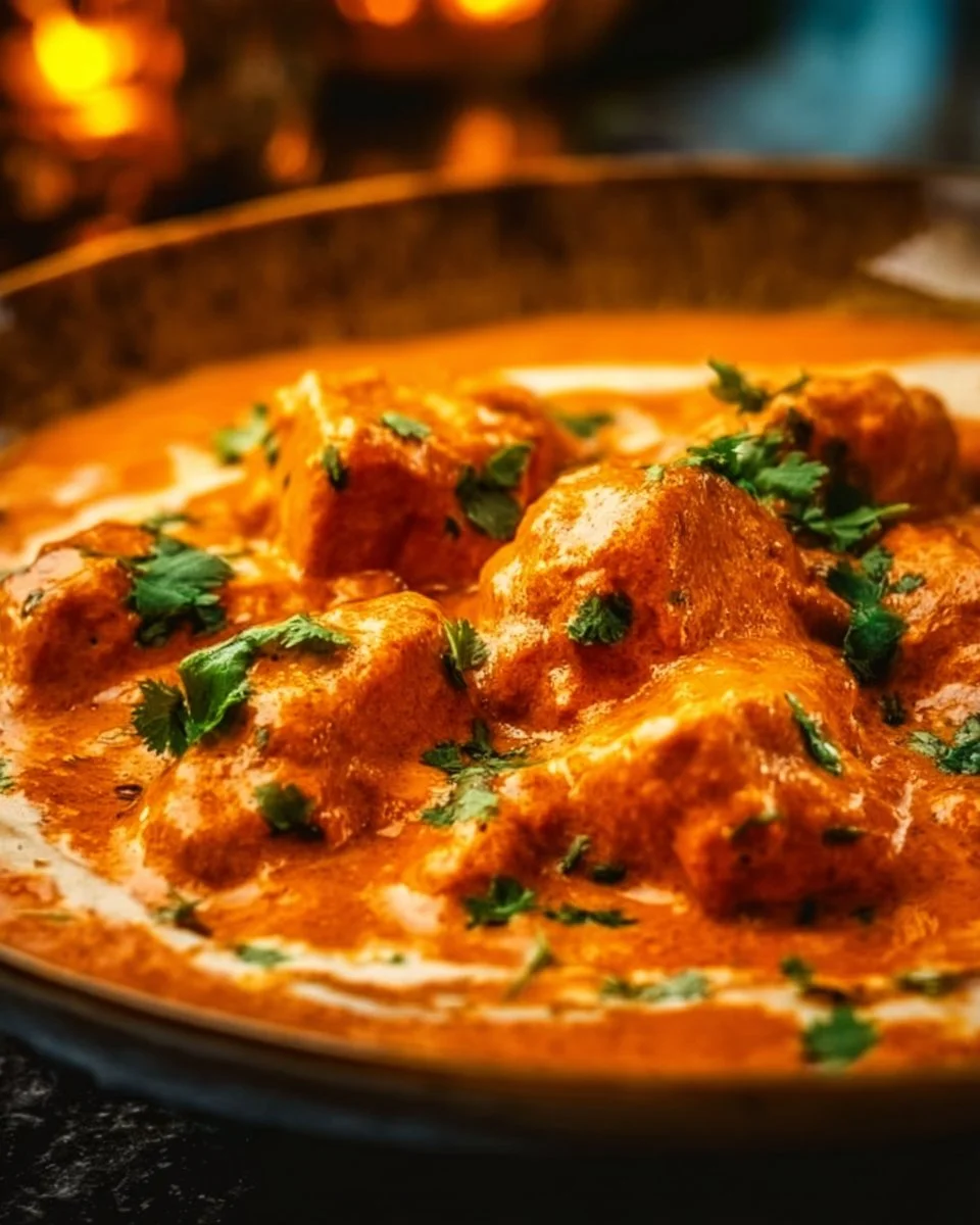 Plate of easy and delicious butter chicken served with rice and naan bread