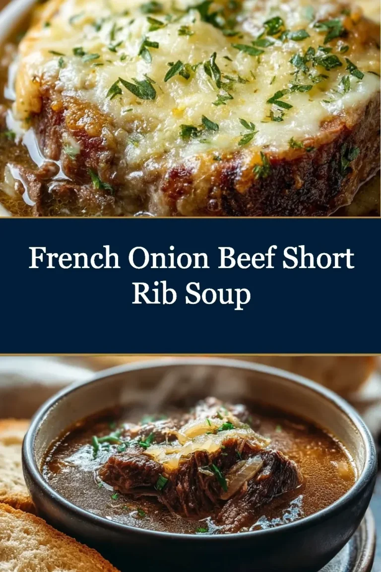 Delicious French Onion Beef Short Rib Soup in a rustic bowl, garnished with herbs.