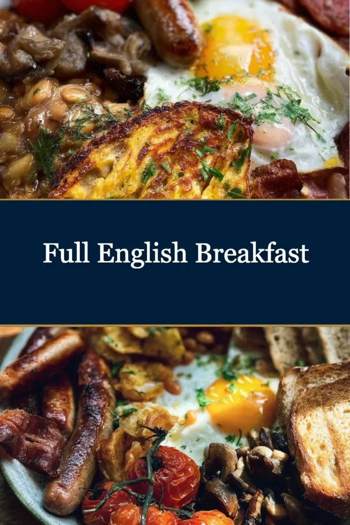 A delicious full English breakfast plate featuring bacon, eggs, beans, and sausages.