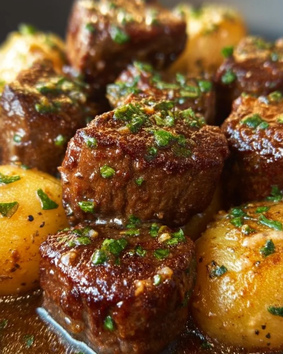 Garlic Butter Beef Bites served with roasted potatoes on a plate