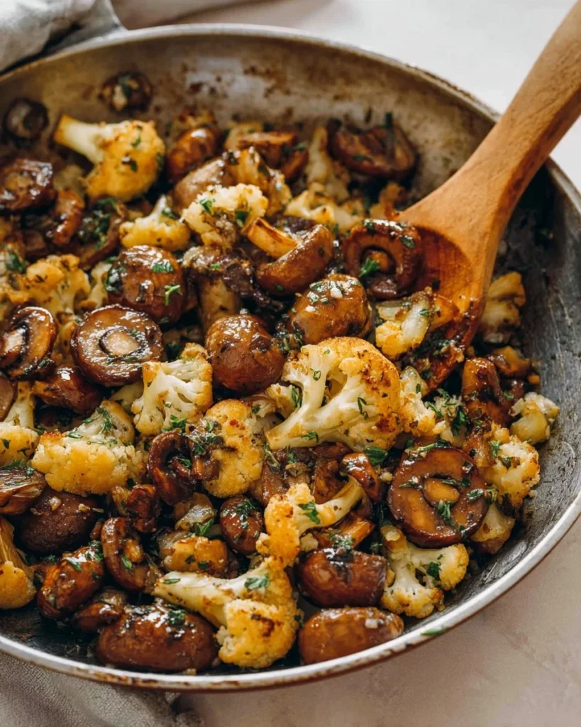 Skillet of garlic butter mushrooms and cauliflower dish garnished with herbs