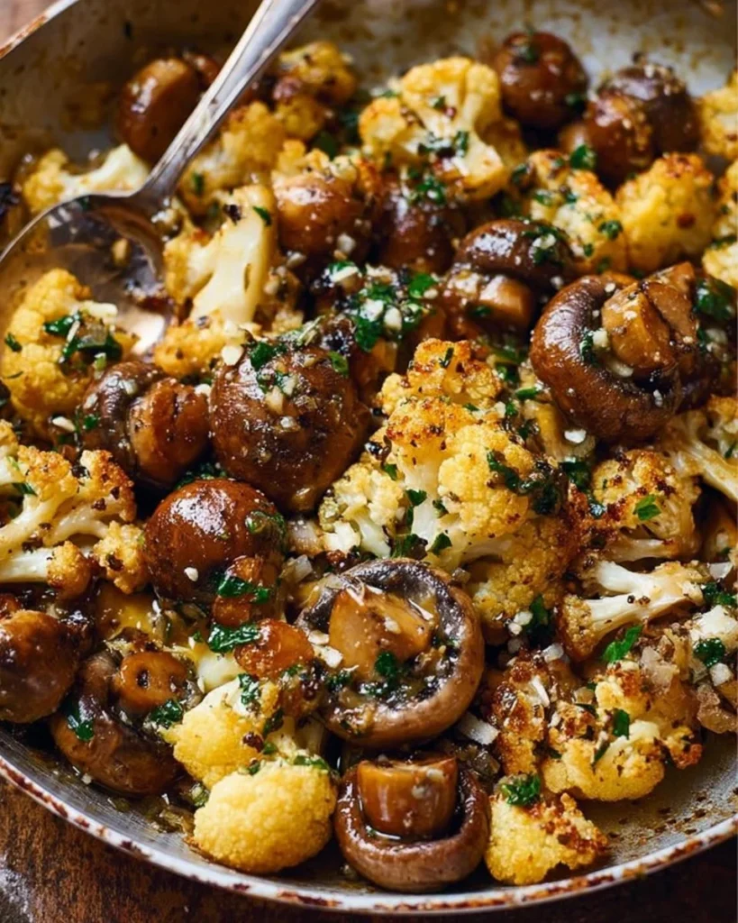 Garlic butter mushrooms with cauliflower in a skillet, a flavorful side dish.