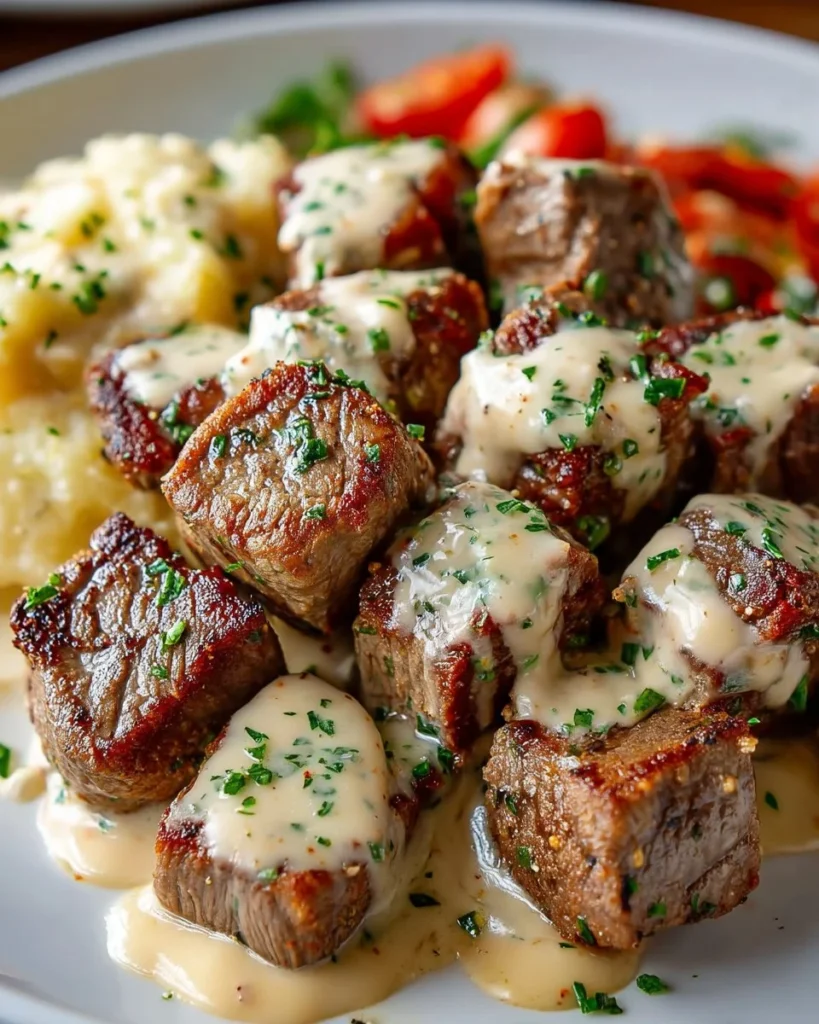 Garlic Butter Steak Bites with Rich Parmesan Cream Sauce served on a plate