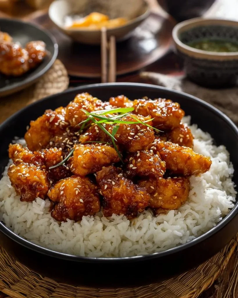 A plate of General Tso's Chicken garnished with broccoli and sesame seeds.