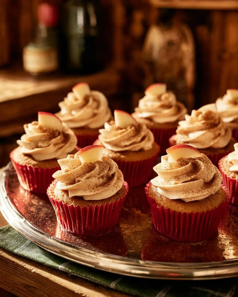 Gluten-free apple cider cupcakes with spiced buttercream frosting on a plate