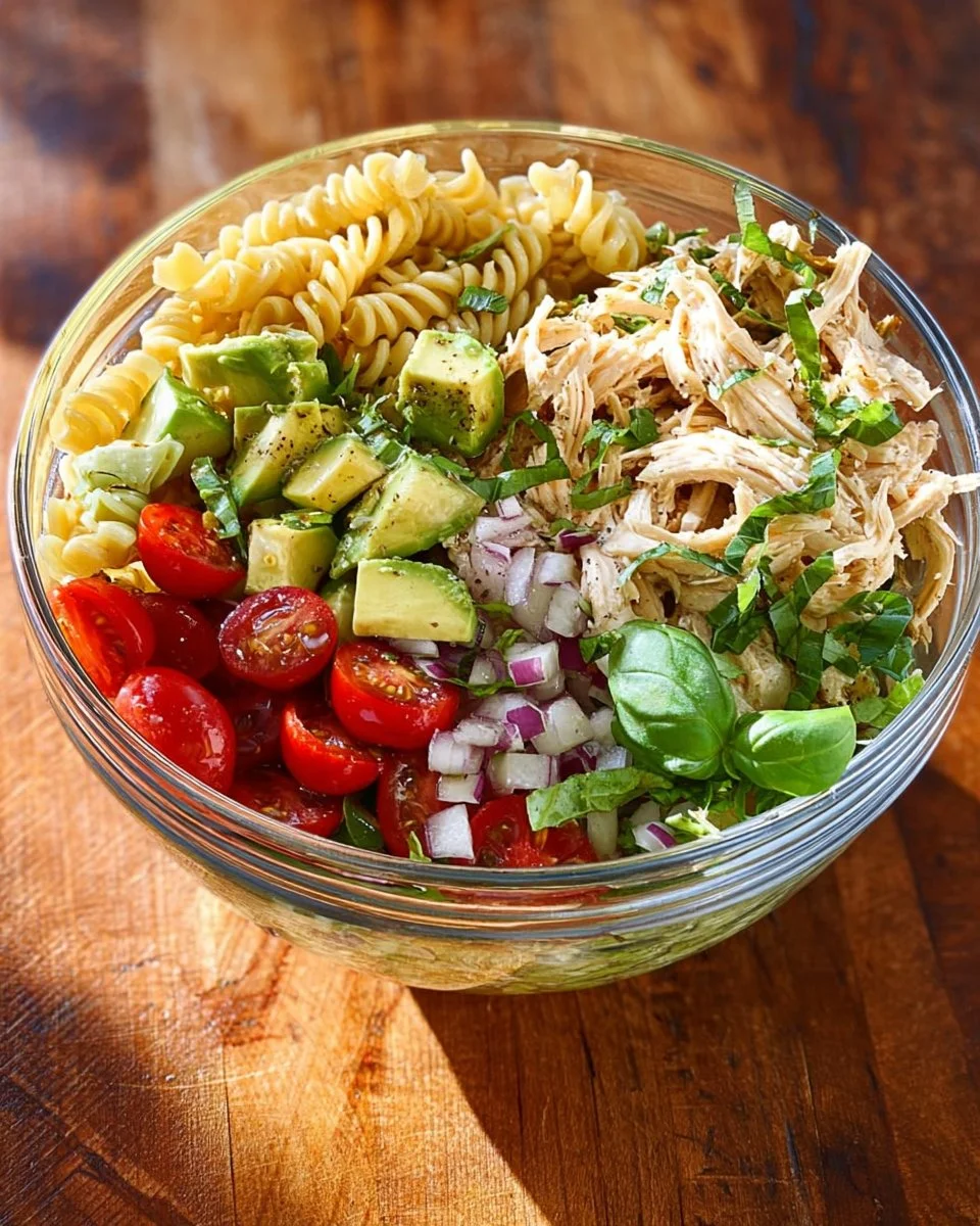 Healthy chicken pasta salad with fresh vegetables and dressing