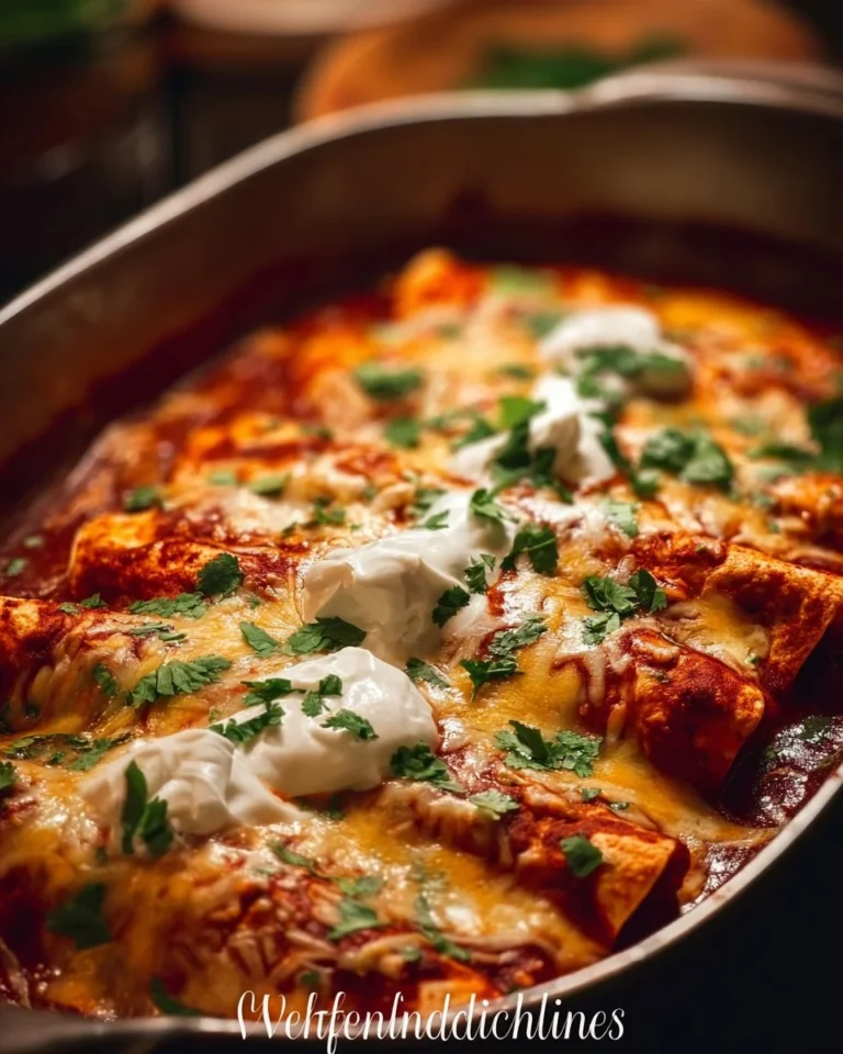 Plate of homemade chicken enchiladas topped with cheese and cilantro