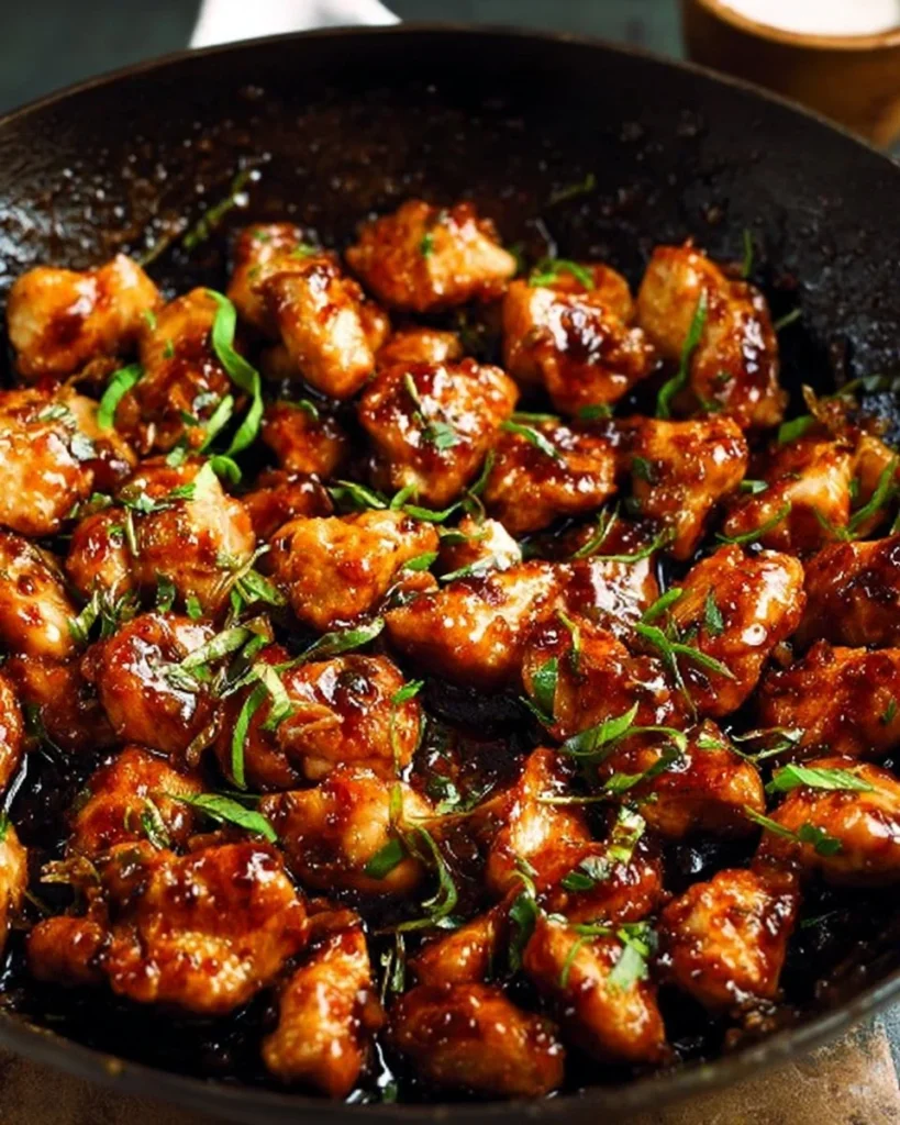 Honey Garlic Chicken Bites with sweet glaze on a serving plate