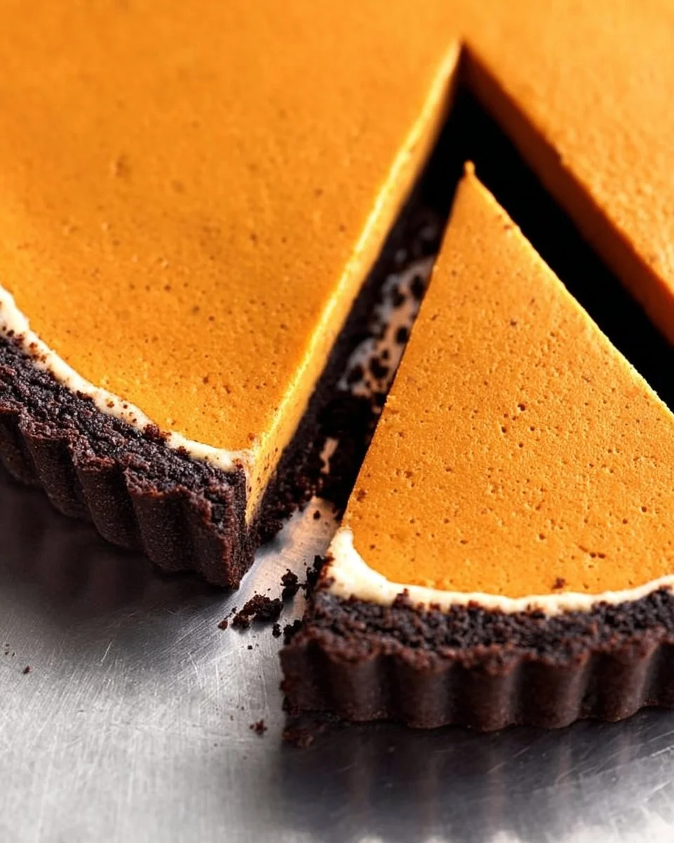 Decadent dark chocolate pumpkin tart topped with whipped cream and chocolate drizzle