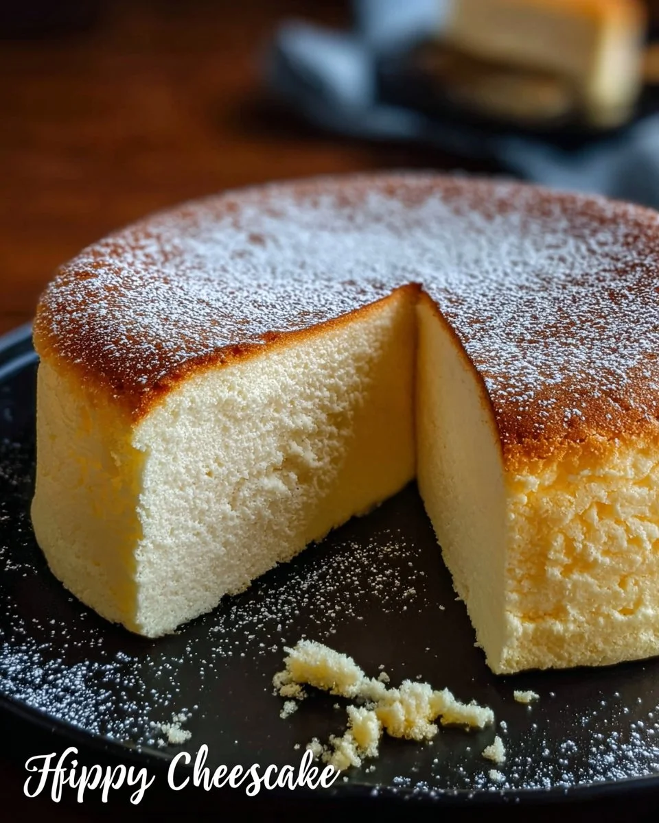Fluffy Japanese Cheesecake slice on a plate with fresh fruit garnish.