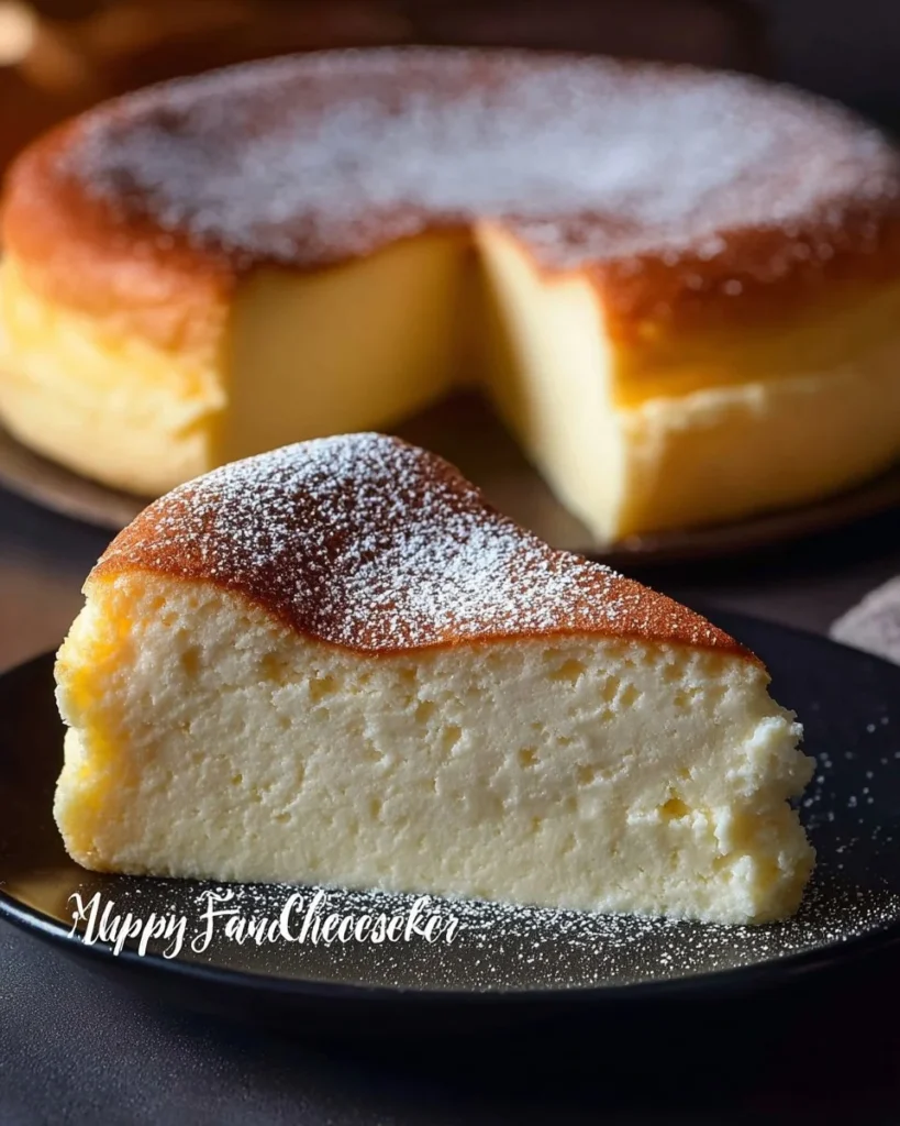 Slice of light and fluffy Japanese Cheesecake on a white plate