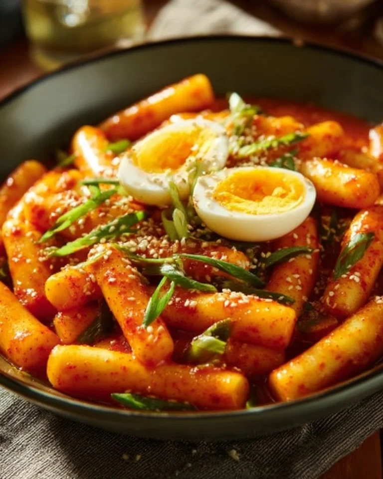 Delicious Korean Tteokbokki with boiled eggs served in a bowl