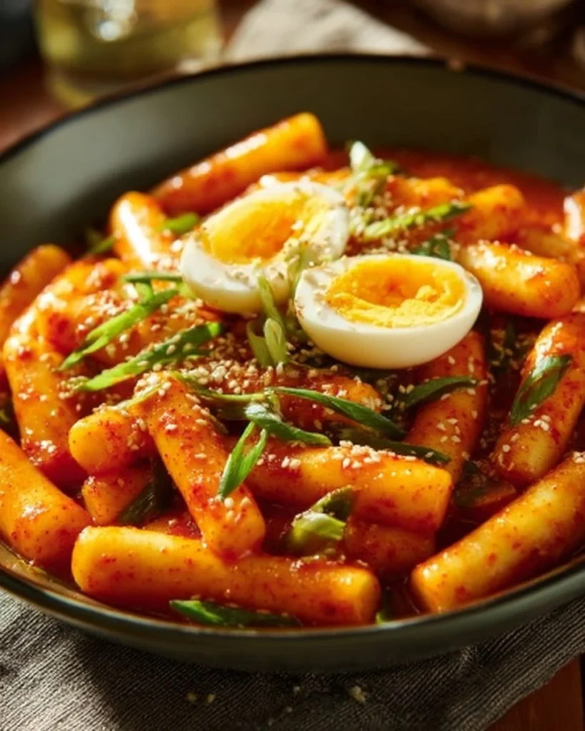 Delicious Korean Tteokbokki with boiled eggs served in a bowl