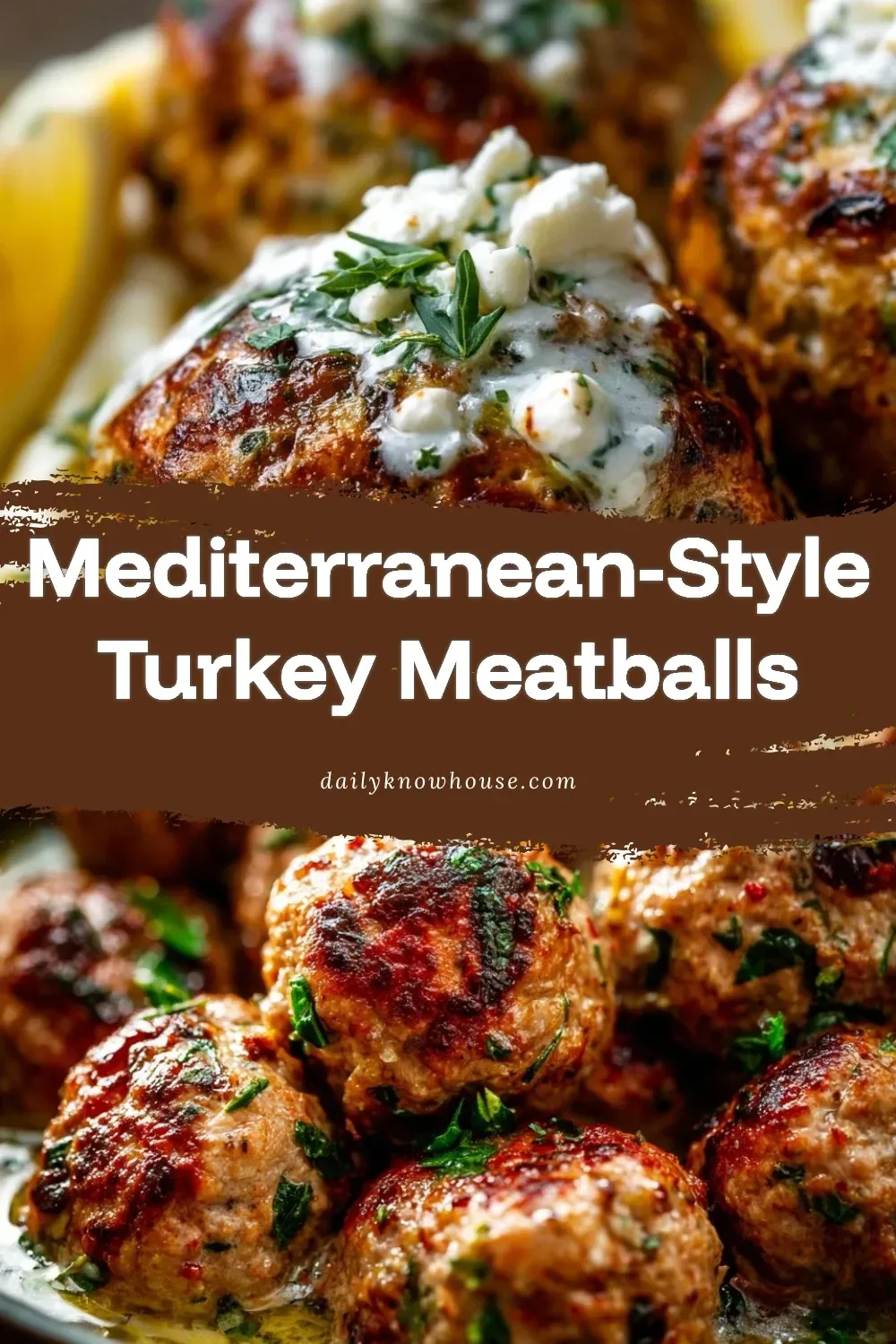 Mediterranean-style turkey meatballs served on a plate with herbs and sauce.