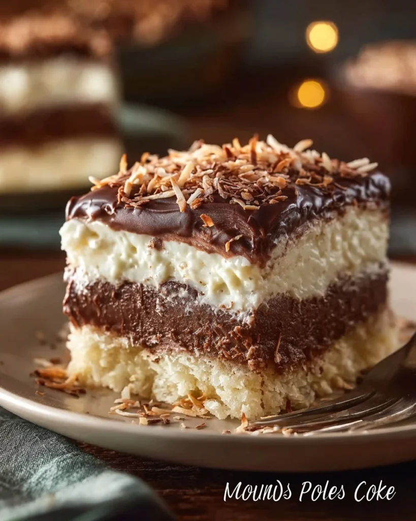 Mounds Poke Cake topped with chocolate and coconut layers