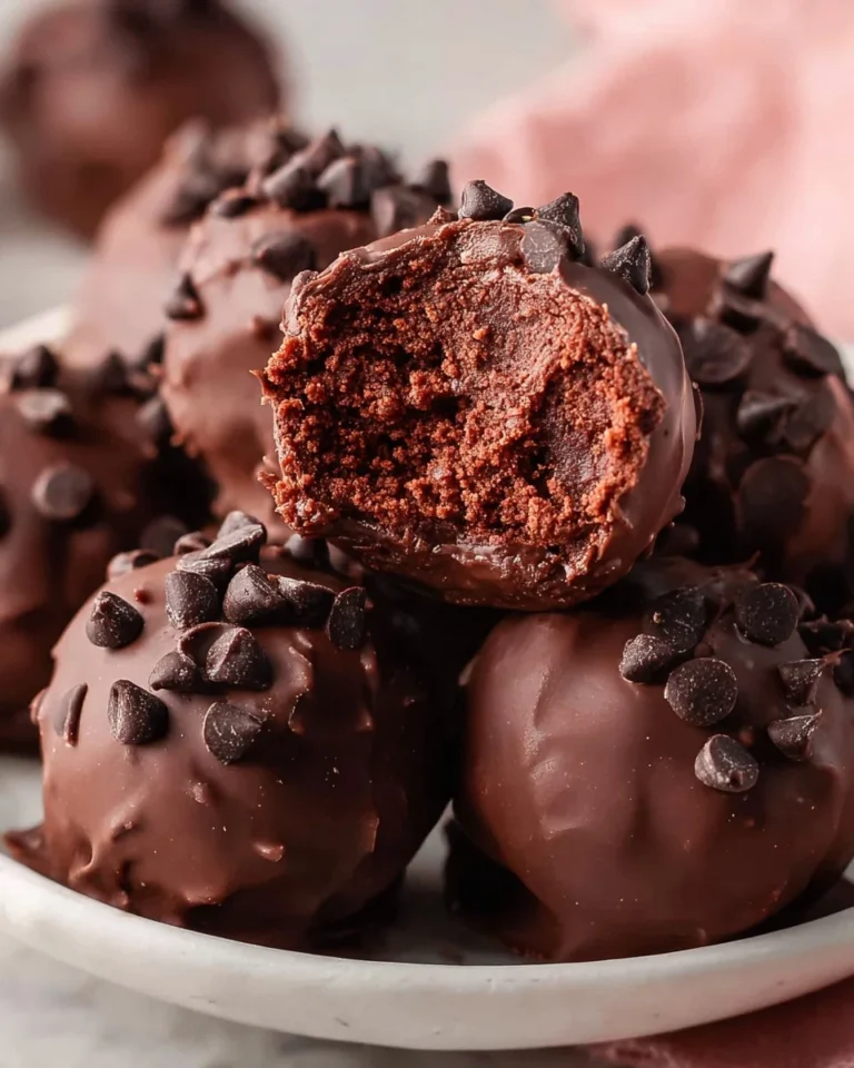Delicious no-bake brownie bites stacked on a plate.