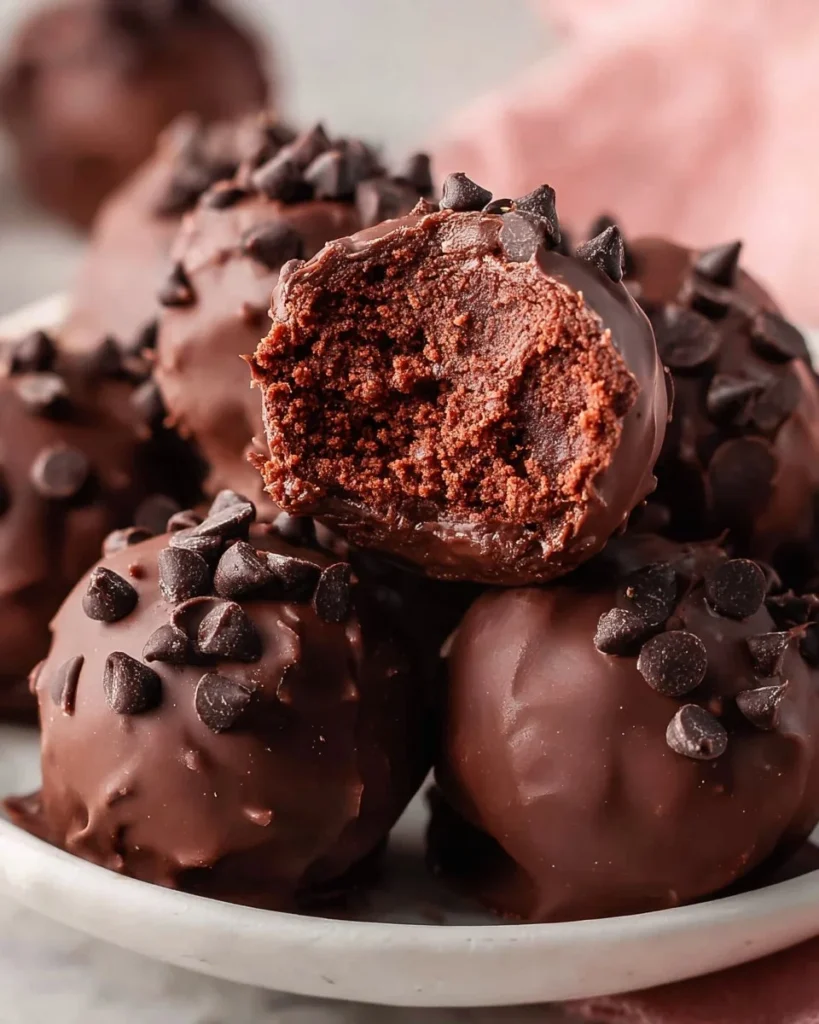Delicious no-bake brownie bites stacked on a plate.
