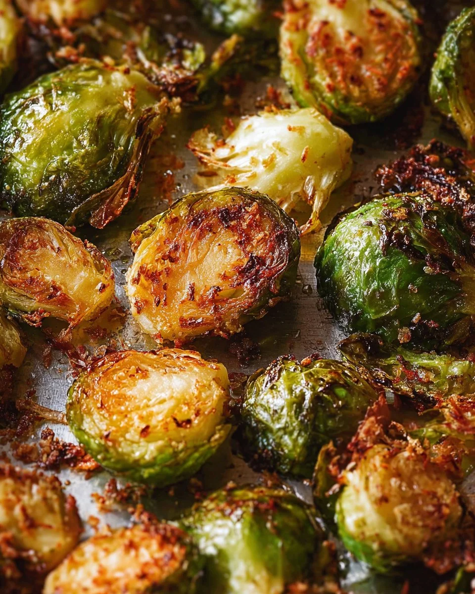 Delicious Parmesan Roasted Brussels Sprouts served on a plate