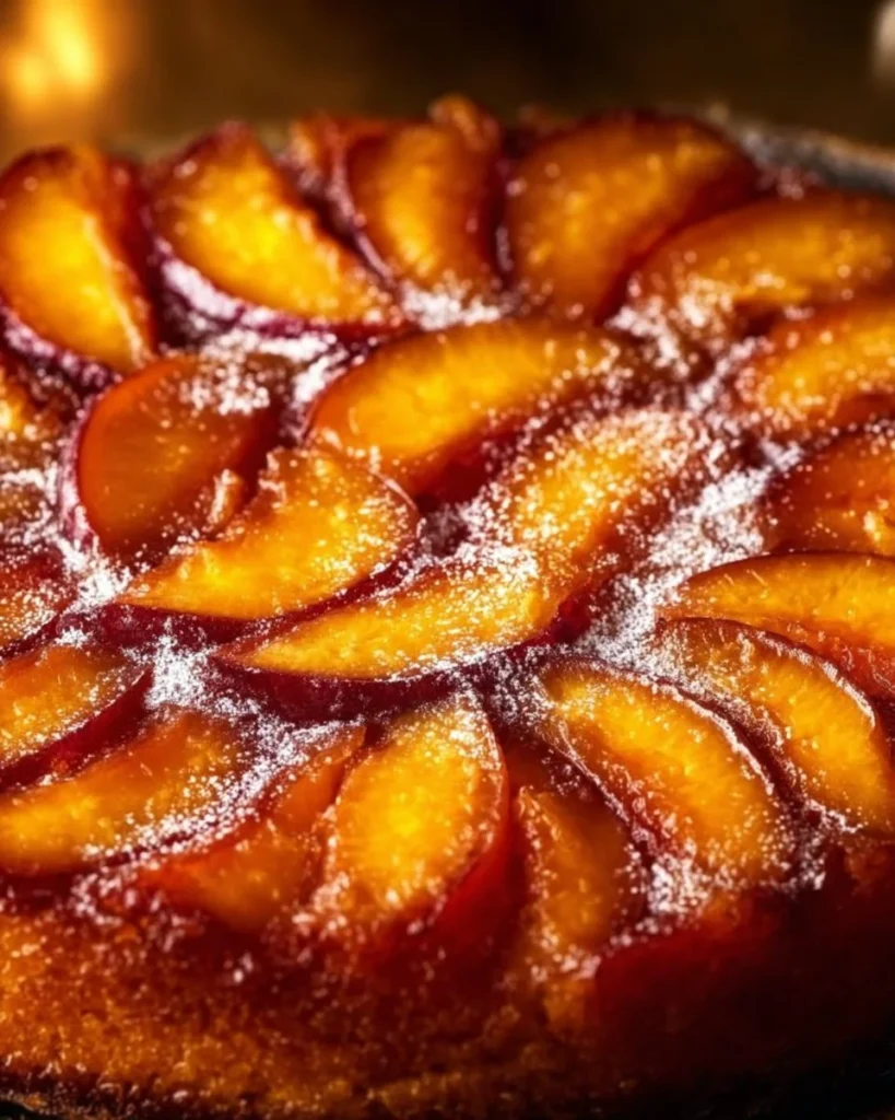 Delicious Peach Bourbon Upside-Down Cake with caramelized peaches