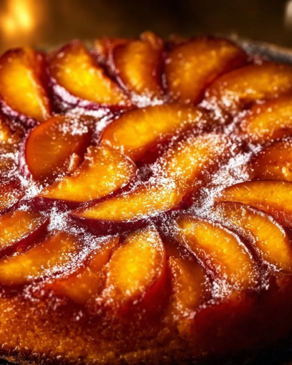 Delicious Peach Bourbon Upside-Down Cake with caramelized peaches