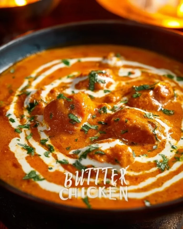 Delicious plate of butter chicken served with naan and rice