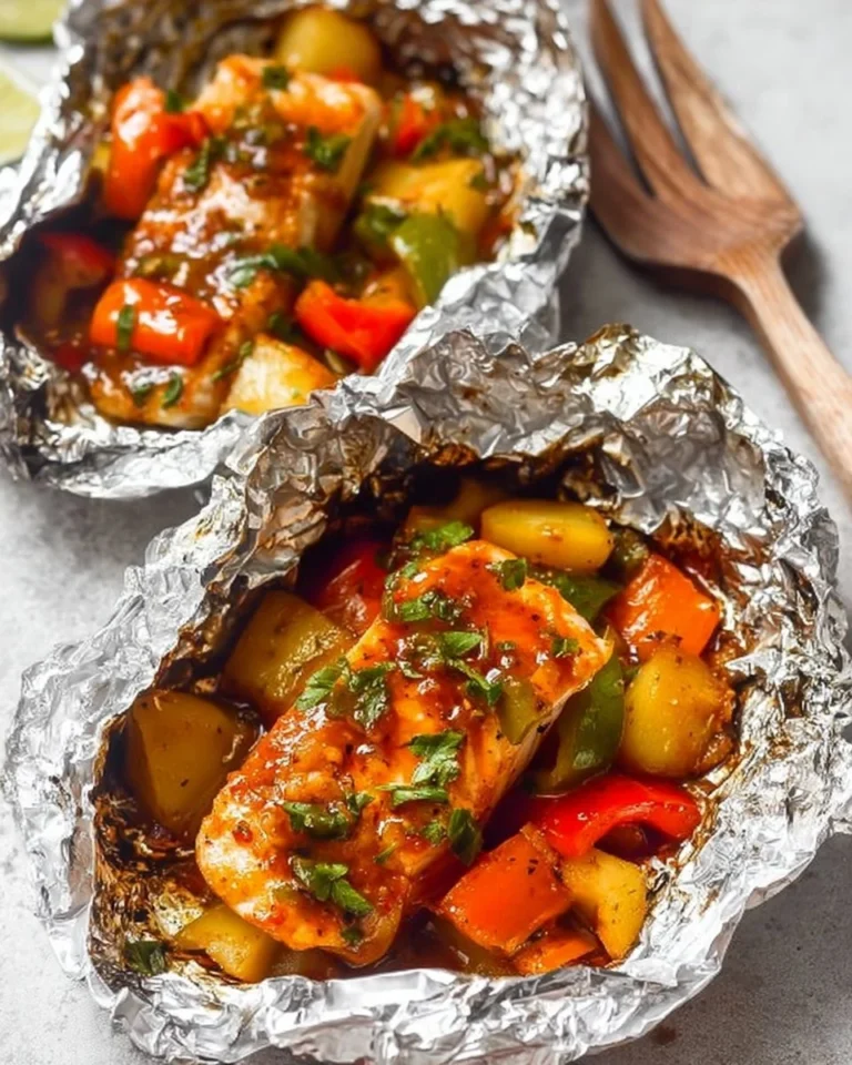 Pineapple BBQ Chicken Foil Packets ready for grilling