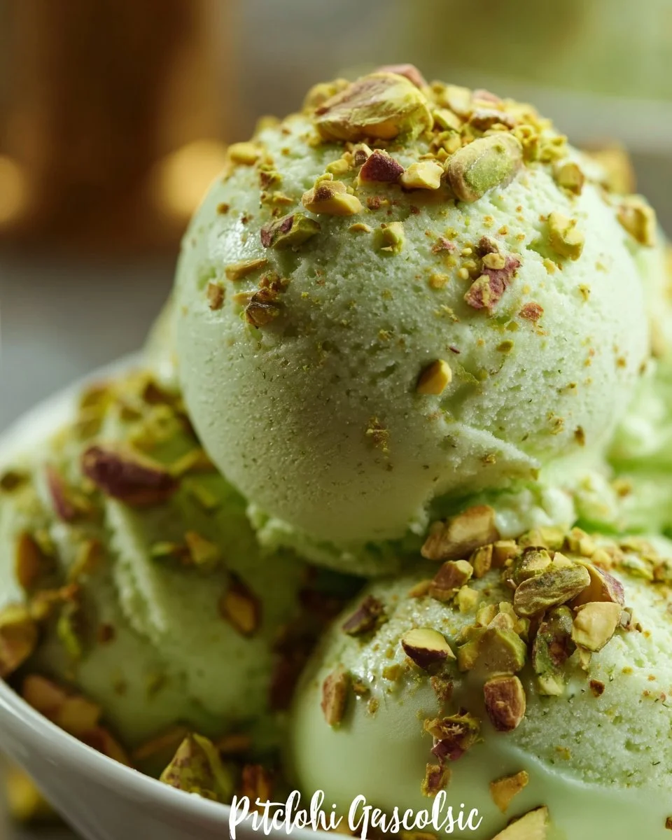 Delicious pistachio gelato in a cone topped with crushed pistachios