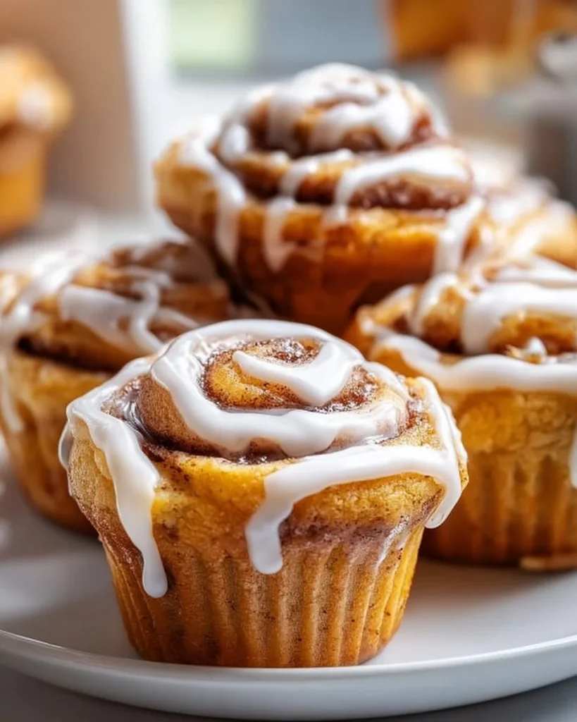 Fluffy pumpkin cinnamon roll muffins topped with cinnamon icing
