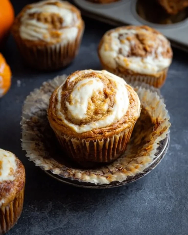 Pumpkin Cream Cheese Muffins with a cream cheese swirl topping