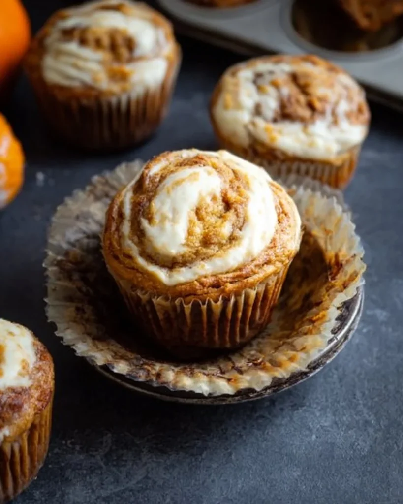 Pumpkin Cream Cheese Muffins with a cream cheese swirl topping