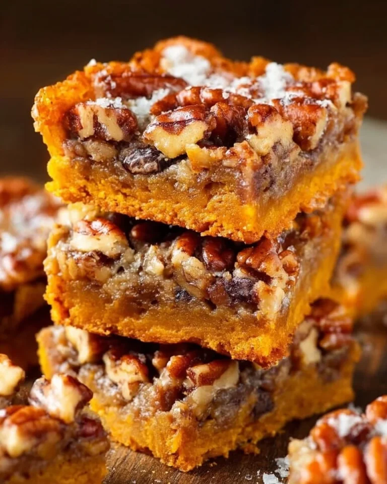 Delicious Pumpkin Magic Bars served on a wooden table with fall decorations.