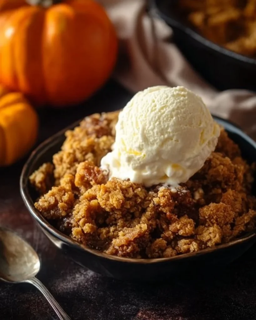 Delicious Pumpkin Pie Crisp served with whipped cream and autumn spices