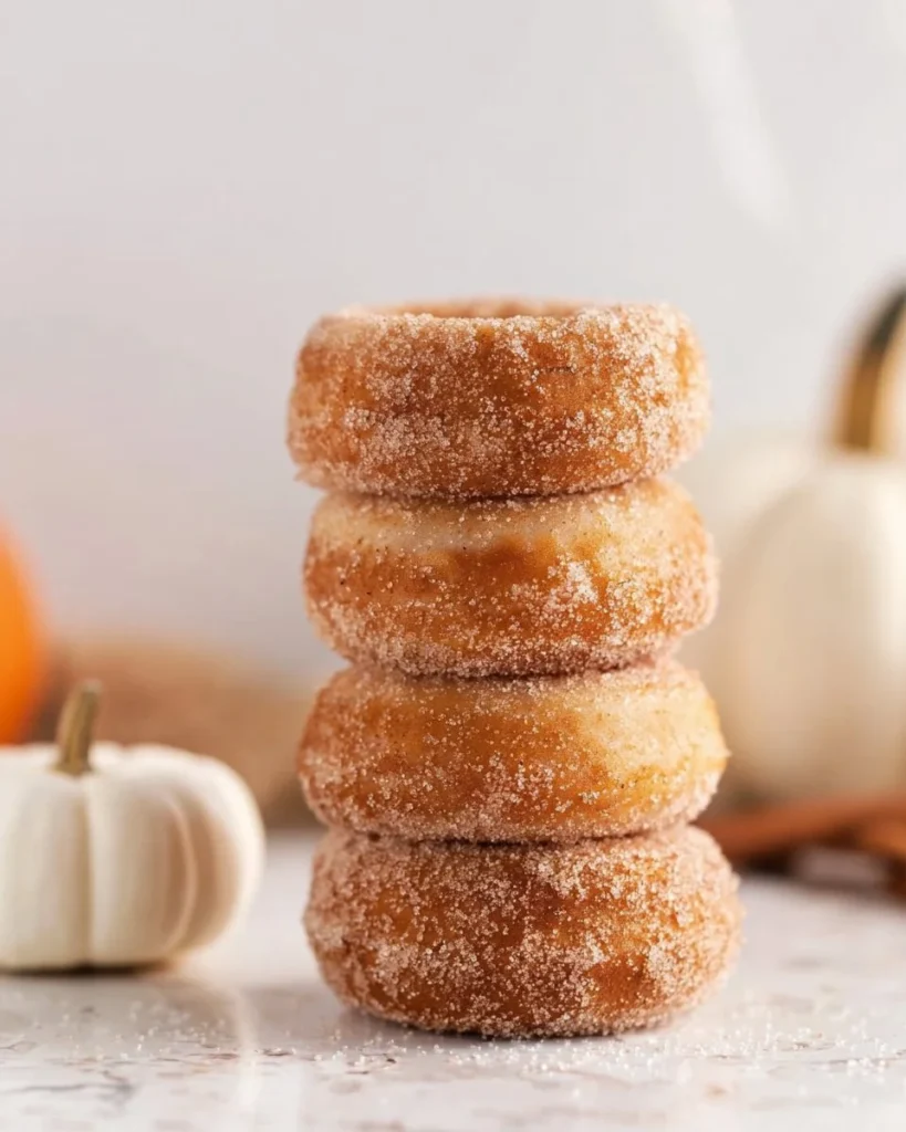 Delicious homemade pumpkin spice donuts on a plate with autumn decorations