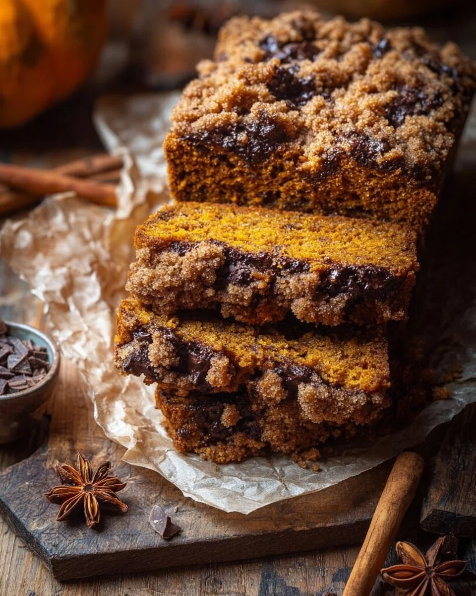 Sliced Pumpkin Streusal Bread showcasing its moist texture and crumbly topping.