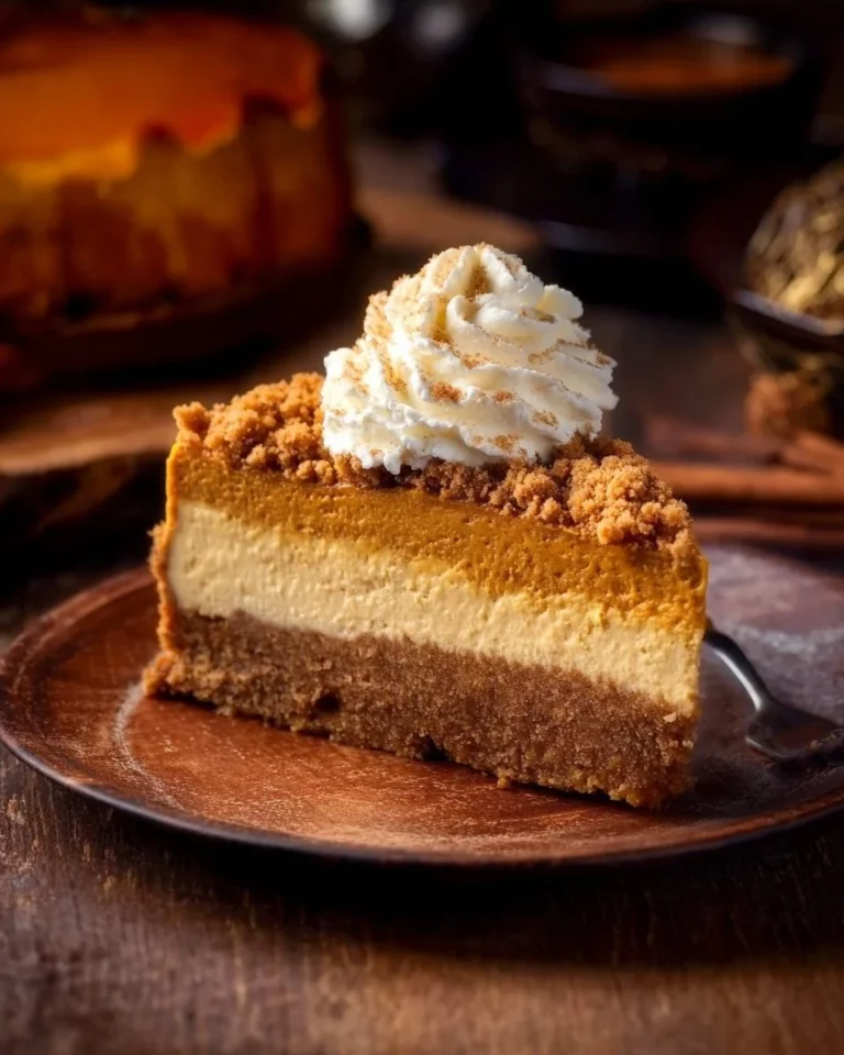 Delicious Pumpkin Streusel Cheesecake topped with golden streusel topping.