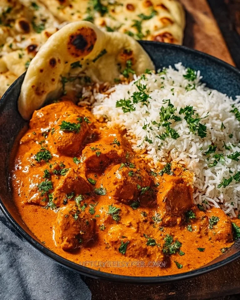 Delicious homemade butter chicken served with rice and naan.
