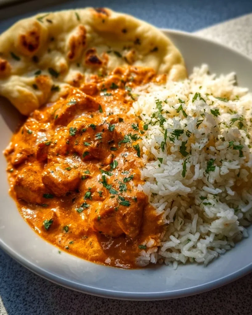 Delicious homemade butter chicken served with rice and naan