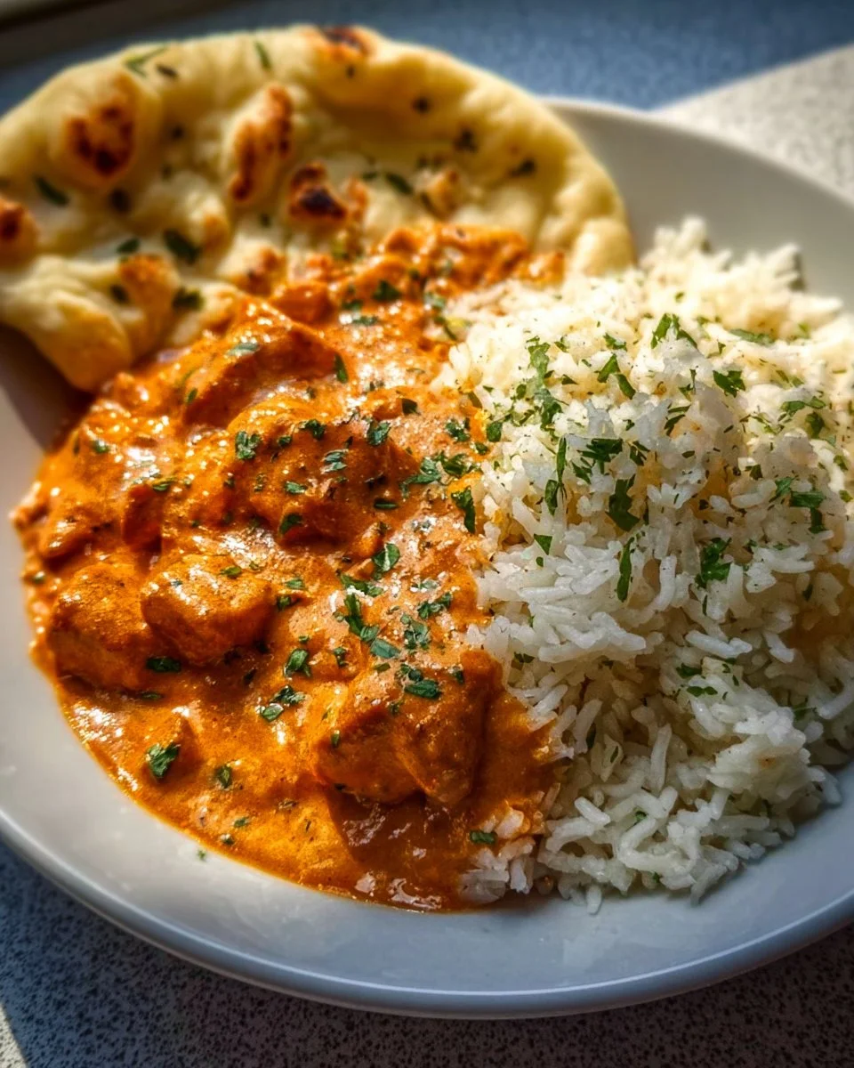 Delicious homemade butter chicken served with rice and naan