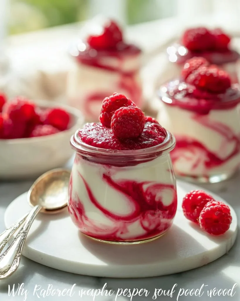 Deliciously whipped Raspberry Fool dessert topped with fresh raspberries.