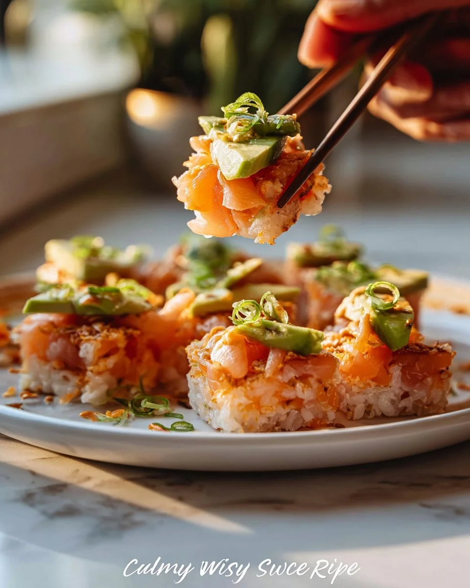 Plate of salmon crispy rice topped with avocado and sesame seeds